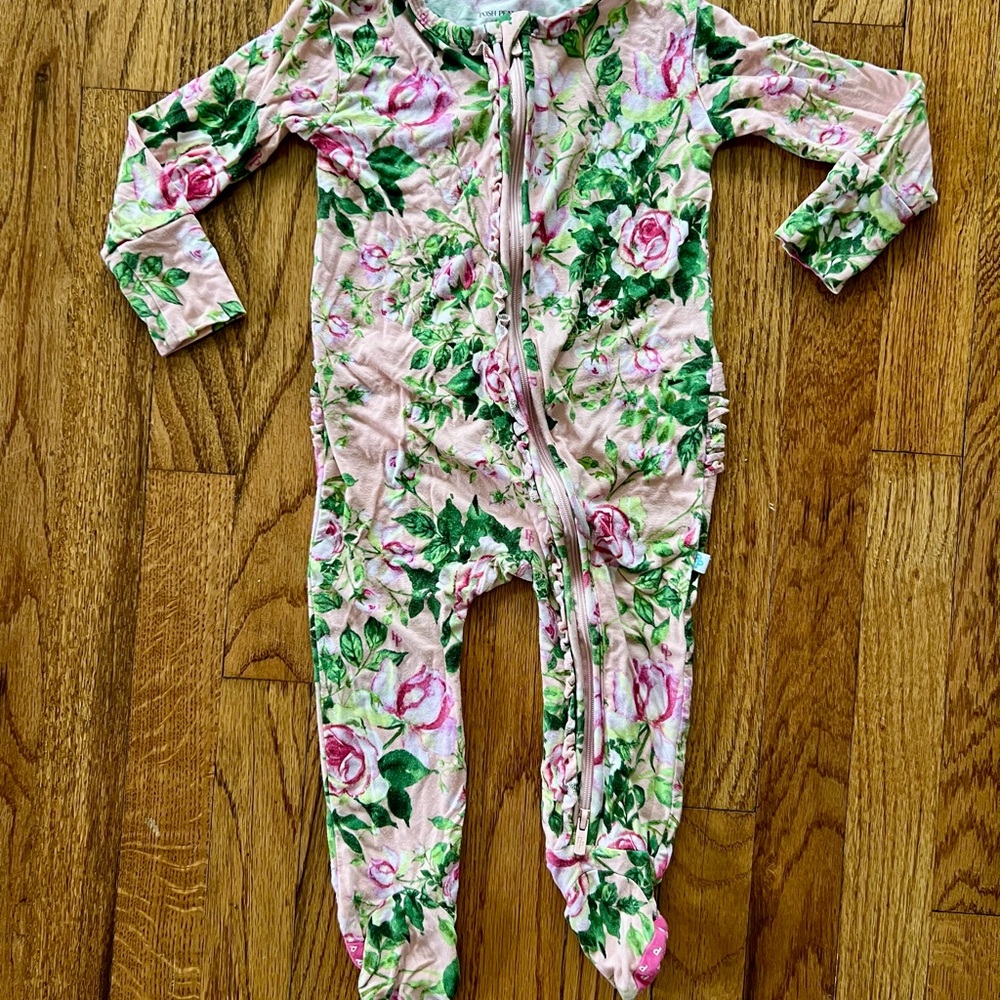 Posh Peanut Floral Footie One Piece - Pink and Green